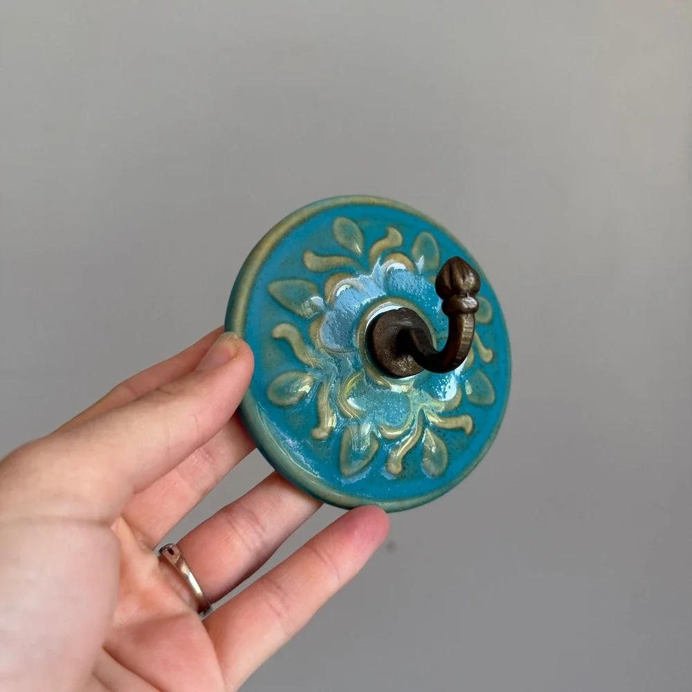 Turquoise Ceramic Floral Wall Hook Boho Bronze Metal Coat Hanger Decorative 3.5